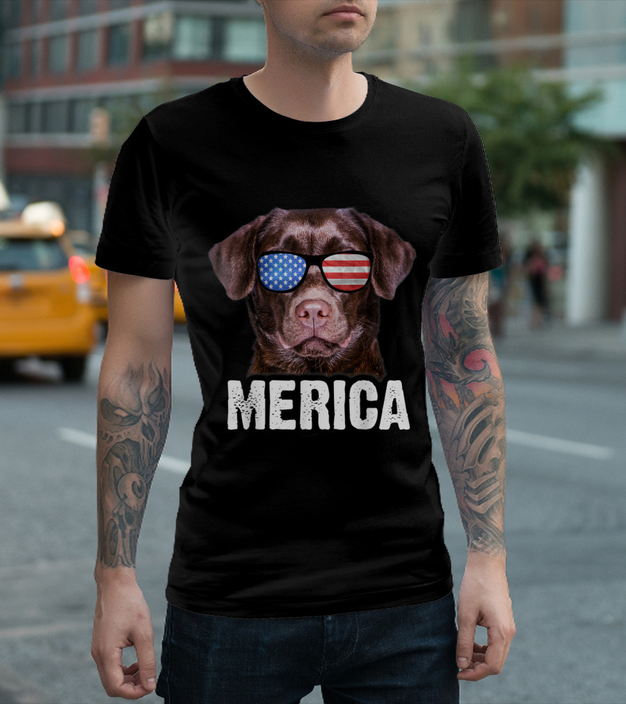 Chocolate Lab 'Merica Patriotic Sunglasses American Flag 4th July USA T-Shirt
