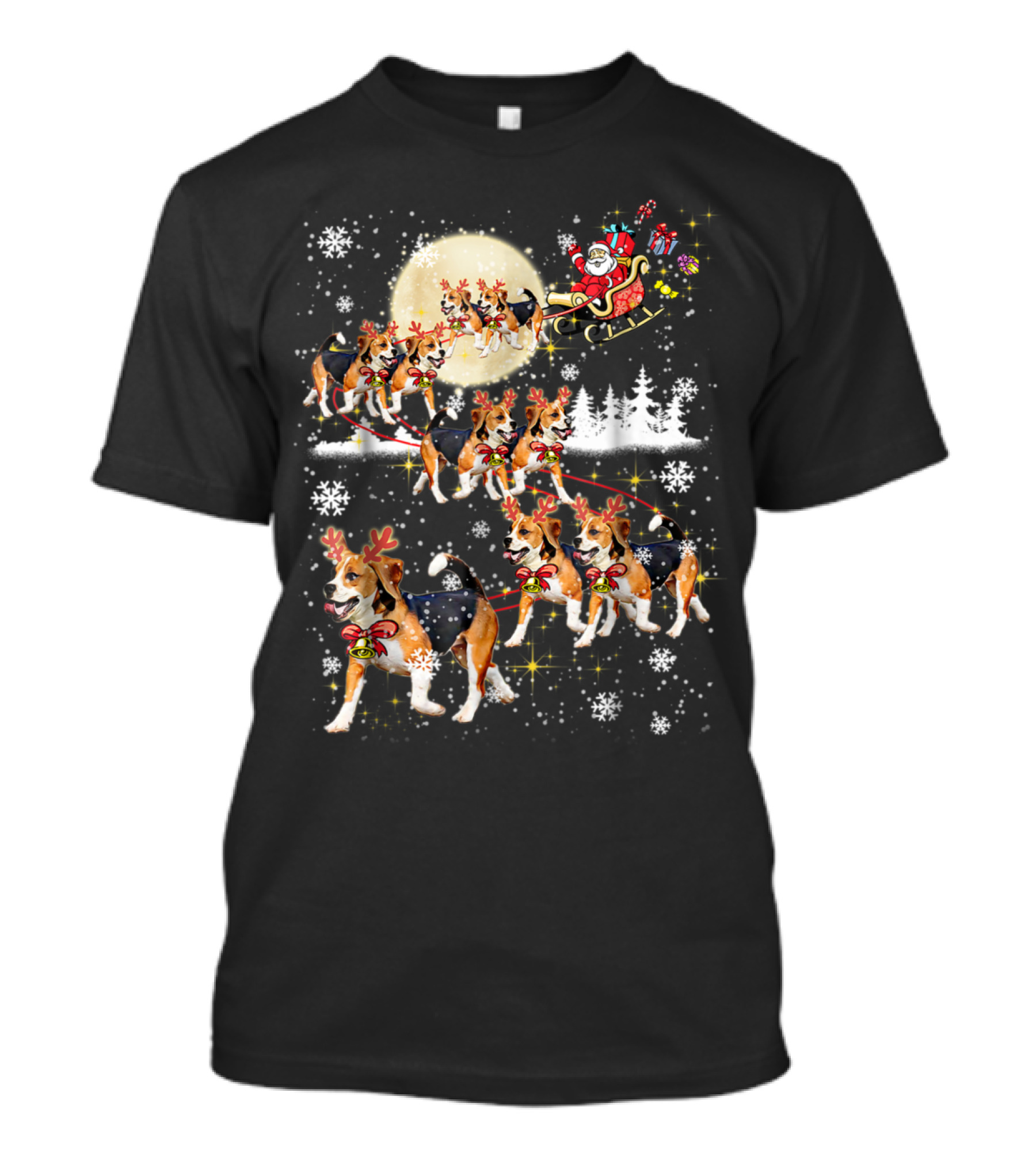 Beagle Reindeer Christmas Santa Sleigh Snowflakes Full Moon T-Shirt