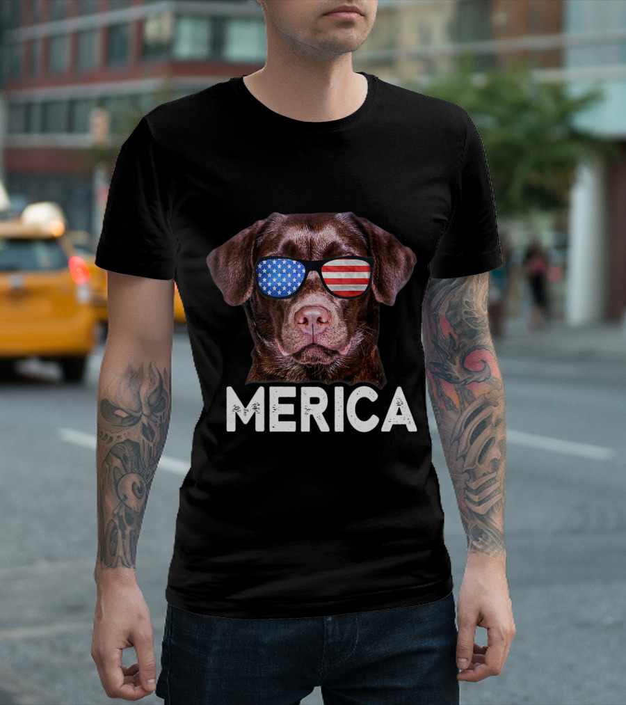 Merica Chocolate Lab Dog With USA Flag Sunglasses 4th July T-Shirt