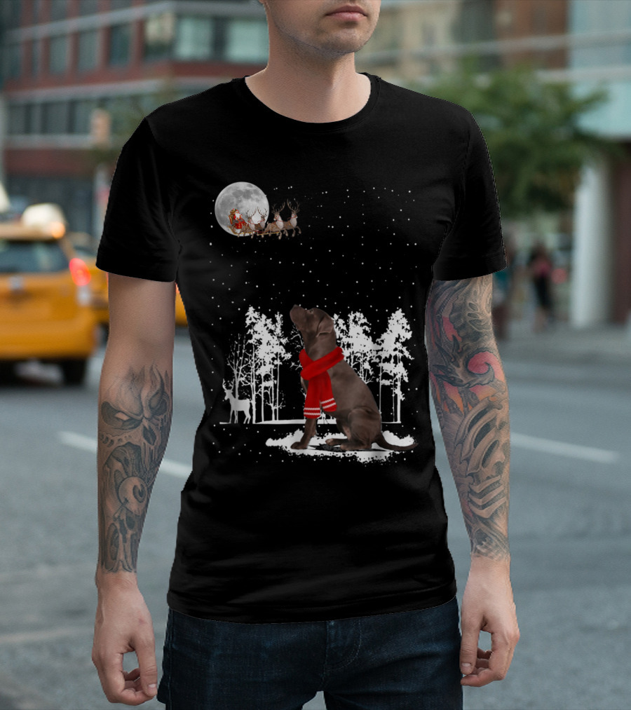 Chocolate Labrador Retriever with Red Scarf Watching Santa's Sleigh in Snowy Forest Moonlight Scene T-Shirt