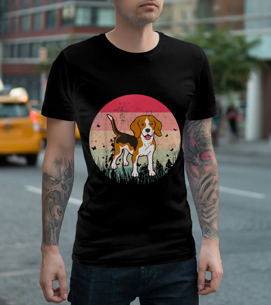 Beagle Vintage Beagle Dog Retro Sunset Grunge Grass and Butterfly T-Shirt