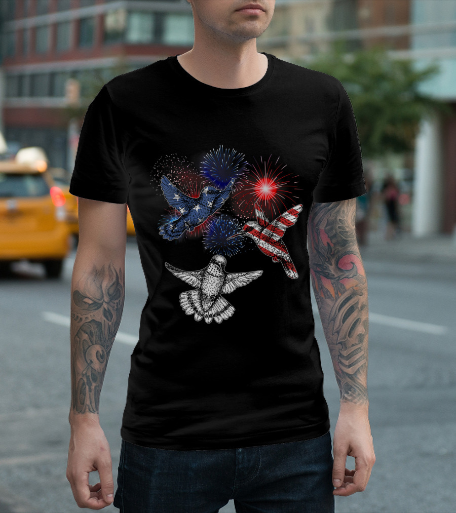 Hummingbirds American Flag Fireworks 4th Of July T-Shirt