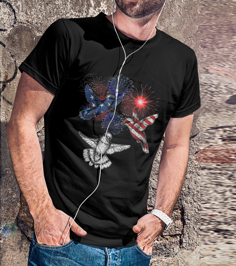 Hummingbirds American Flag Fireworks 4th Of July T-Shirt
