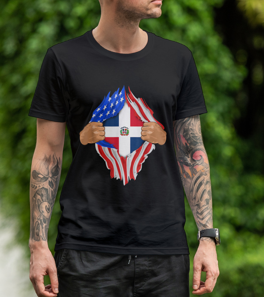 Dominican Republic Pride Beneath American Flag Dominican Blood Inside Me T-Shirt