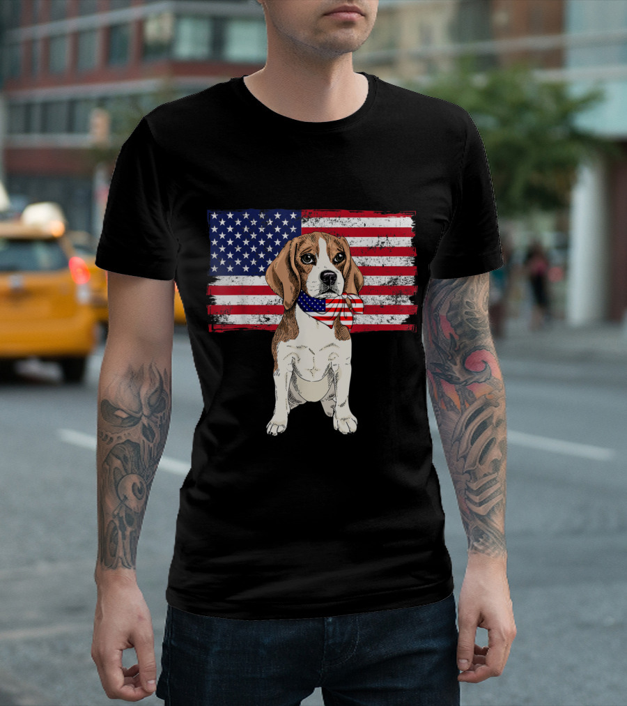 Beagle With American Flag Scarf And Patriotic Smile T-Shirt