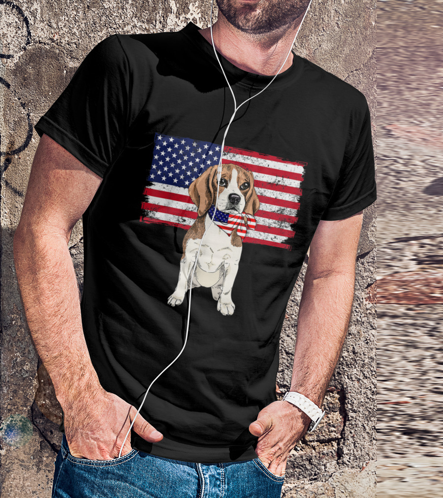 Beagle With American Flag Scarf And Patriotic Smile T-Shirt