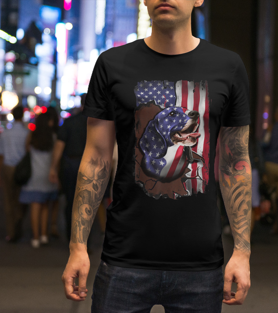 Beagle Bursting Through American Flag T-Shirt