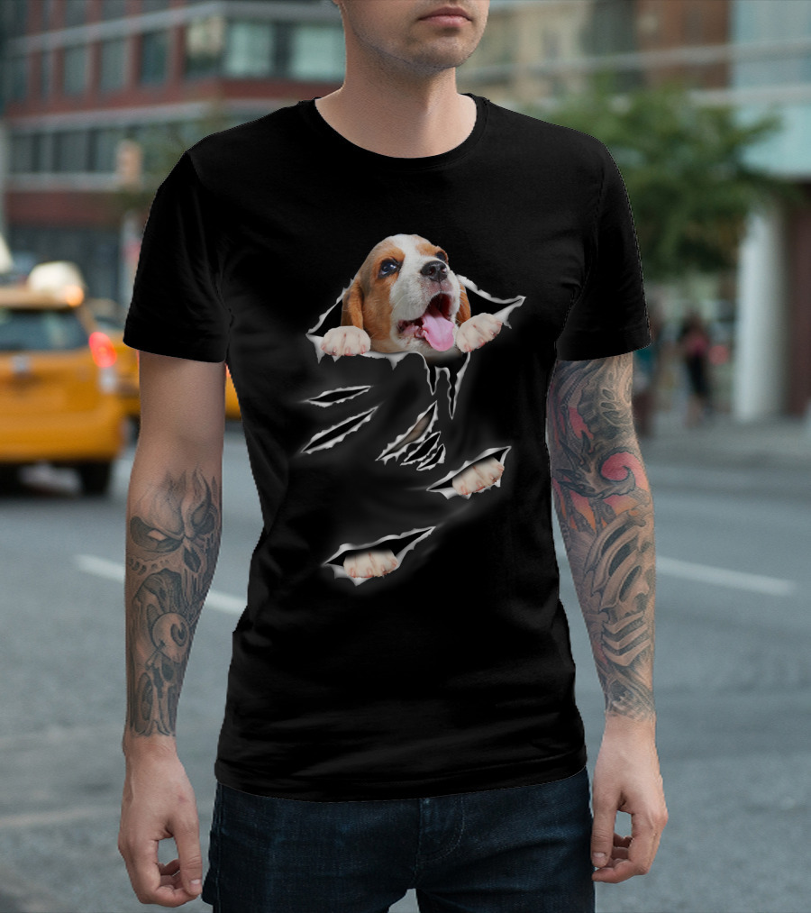 Beagle Puppy Ripping Through Torn Fabric T-Shirt