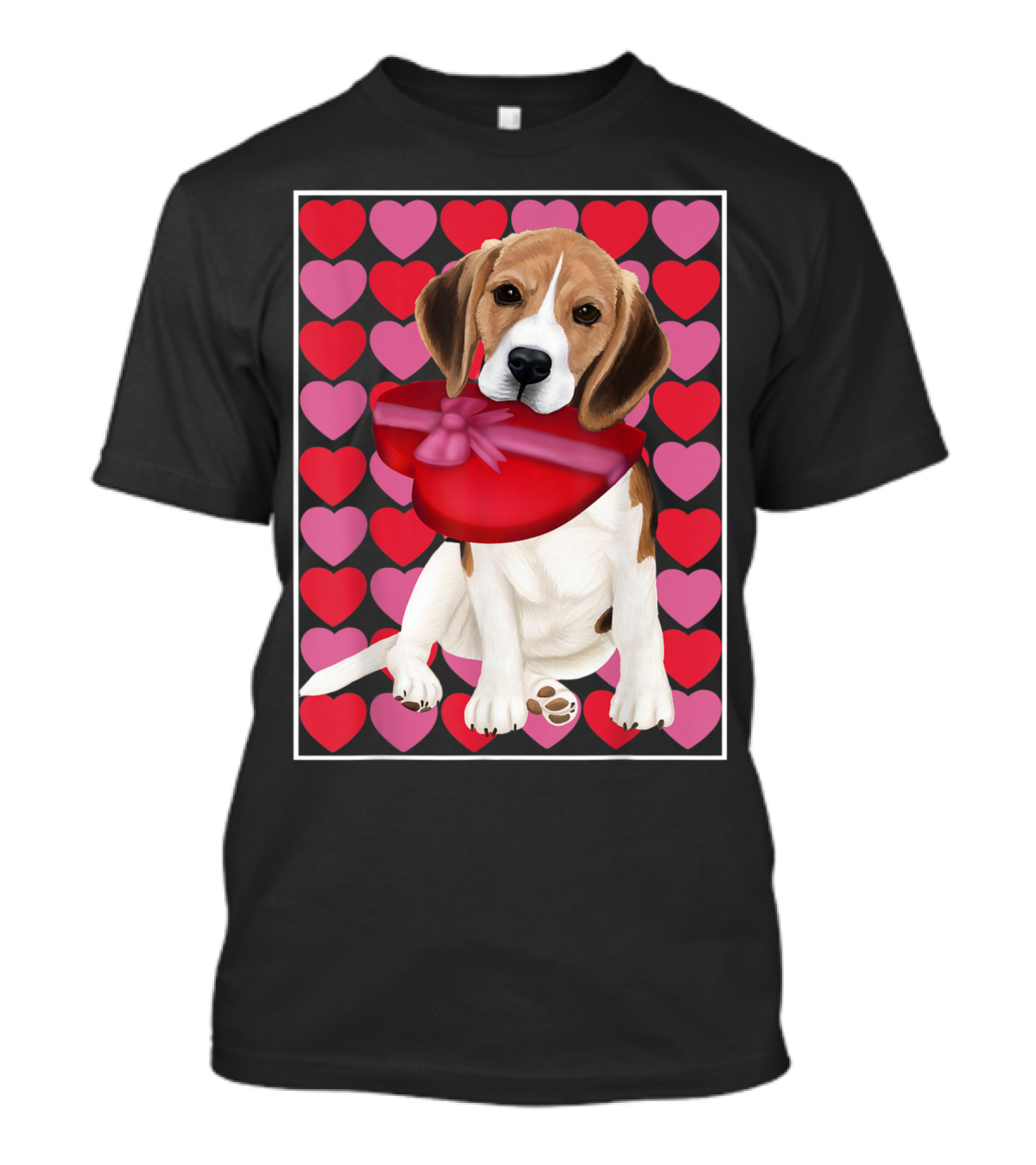 Beagle Holding Red Heart Shaped Box With Pink And Red Hearts Background T-Shirt