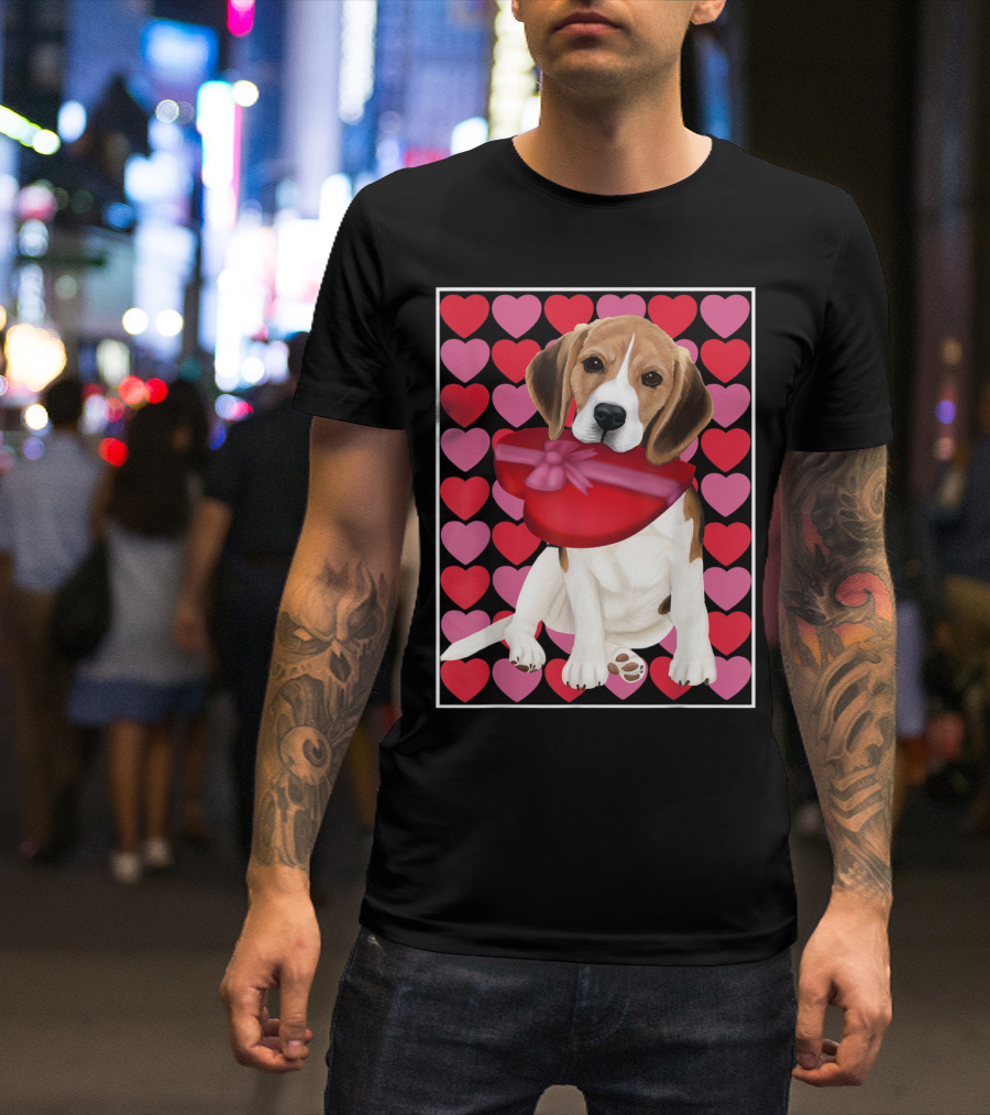 Beagle Holding Red Heart Shaped Box With Pink And Red Hearts Background T-Shirt