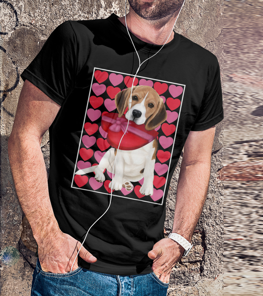 Beagle Holding Red Heart Shaped Box With Pink And Red Hearts Background T-Shirt