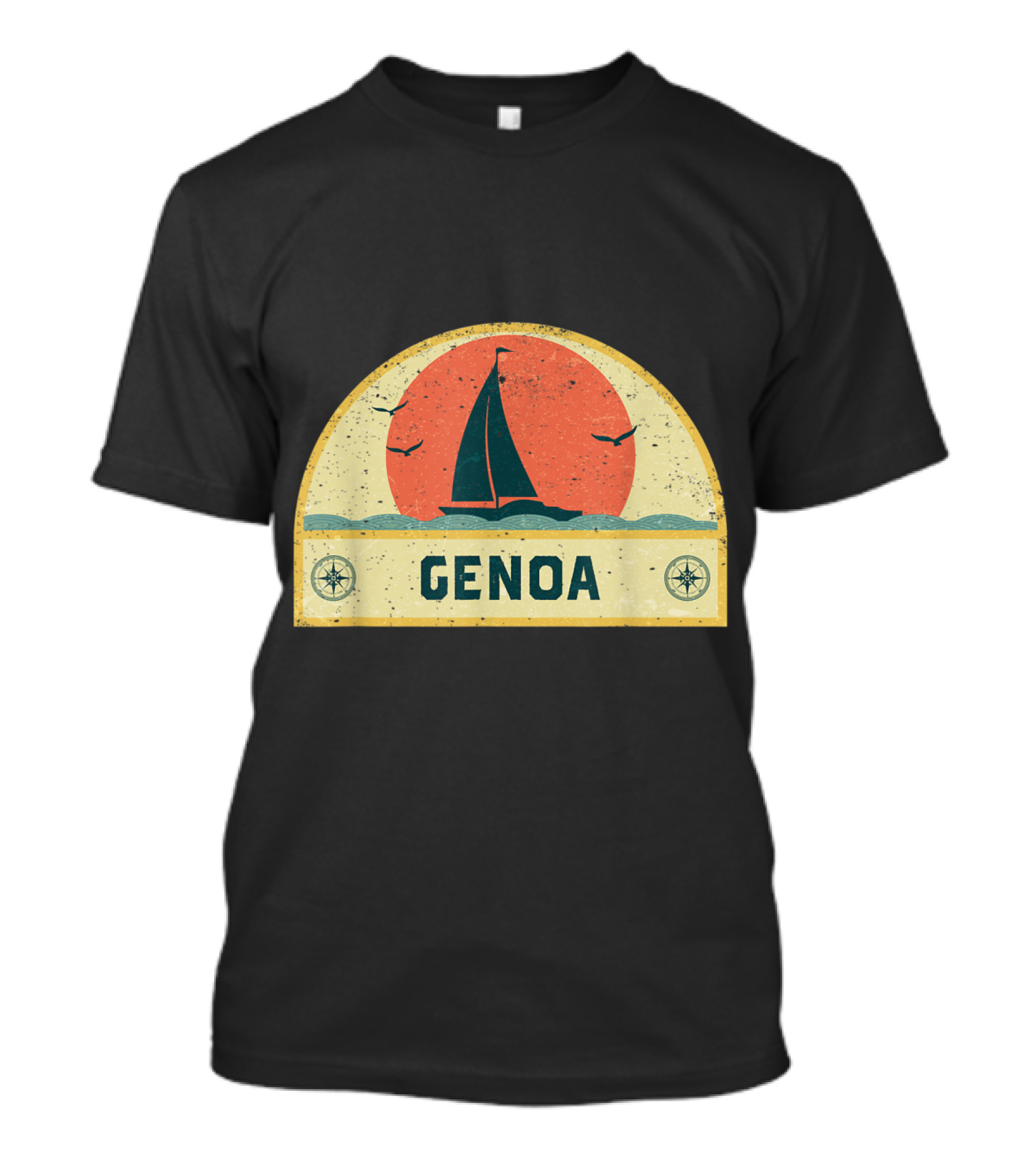 Genoa Sailing Adventure Sunset With Compass And Seagulls T-Shirt