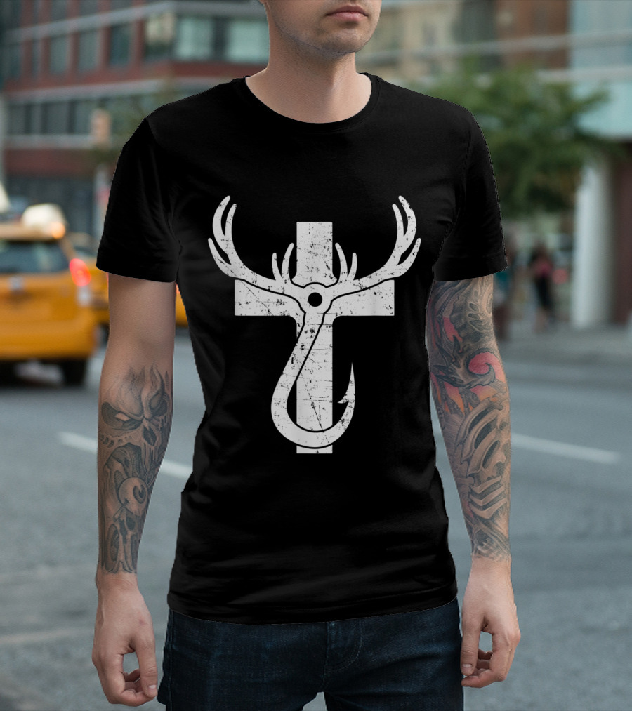 Christian Cross with Antlers and Fishing Hook T-Shirt