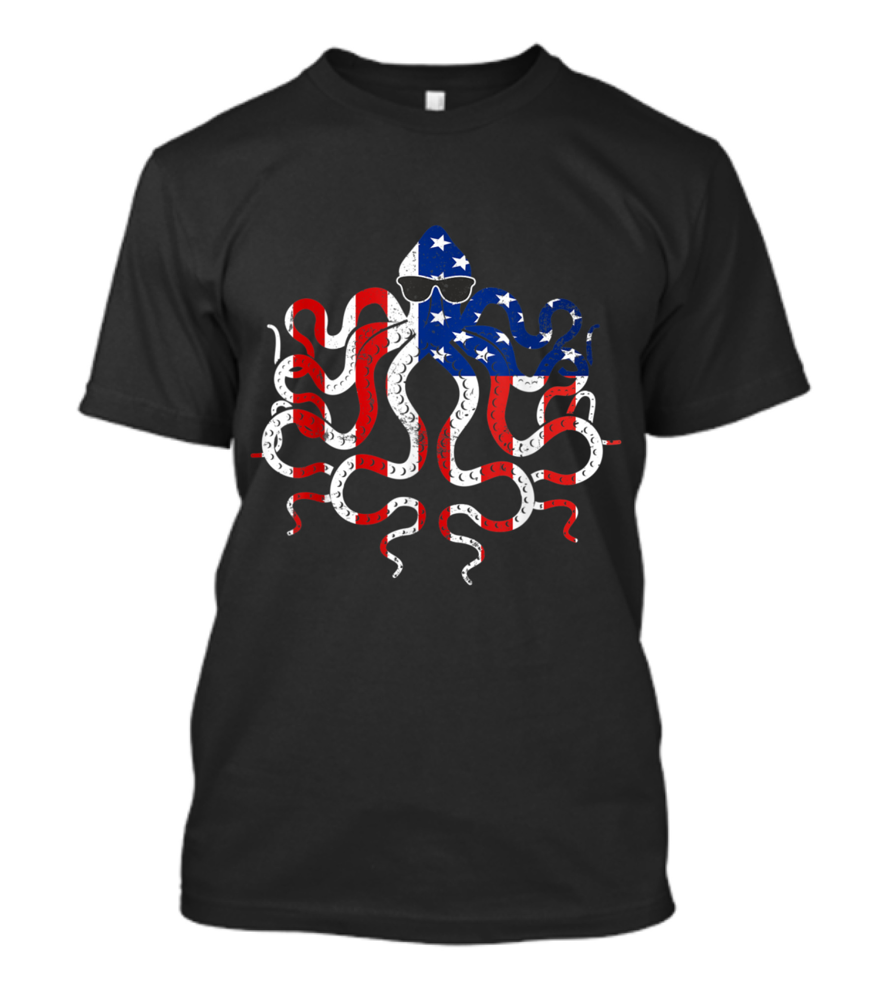 Funny Patriotic Octopus With American Flag Colors And Sunglasses For 4th Of July T-Shirt