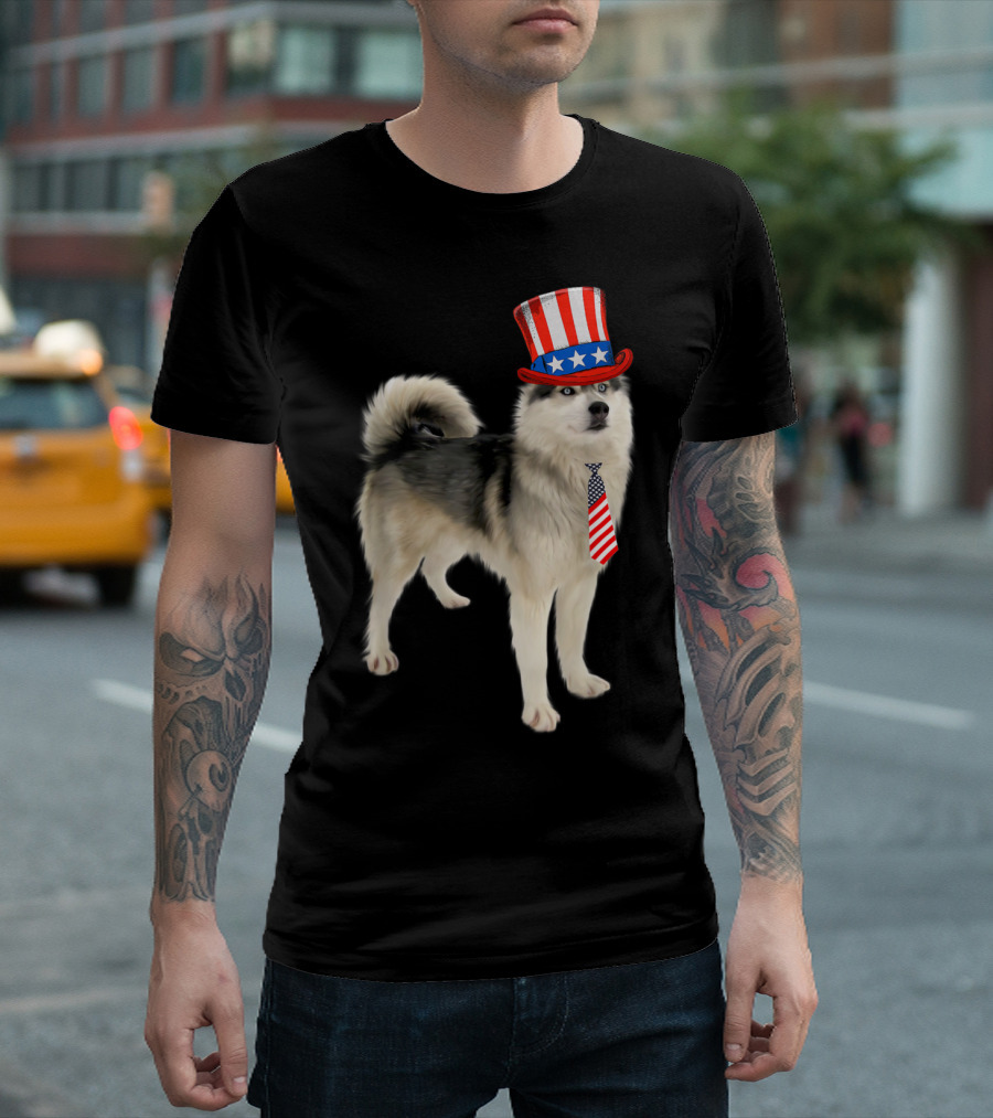 Husky with Patriotic Top Hat and American Flag Tie for 4th of July T-Shirt