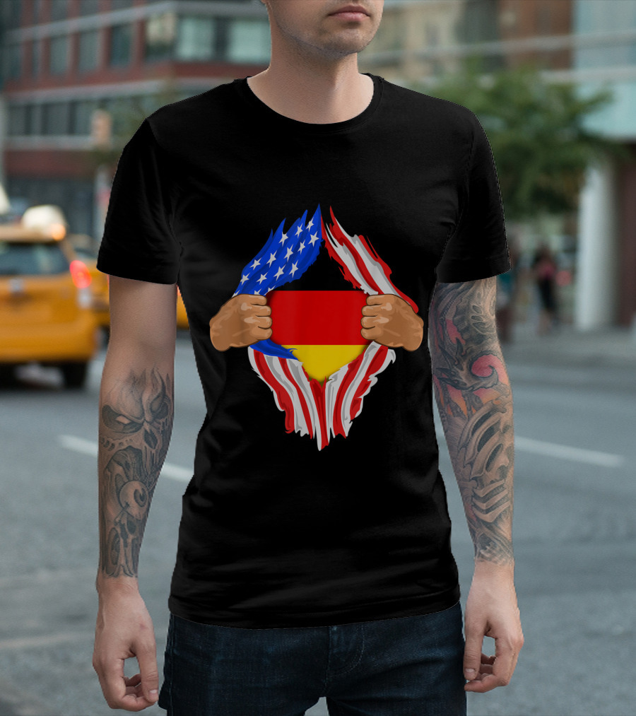 German Blood Inside Me American Flag Tears Revealing German Flag T-Shirt