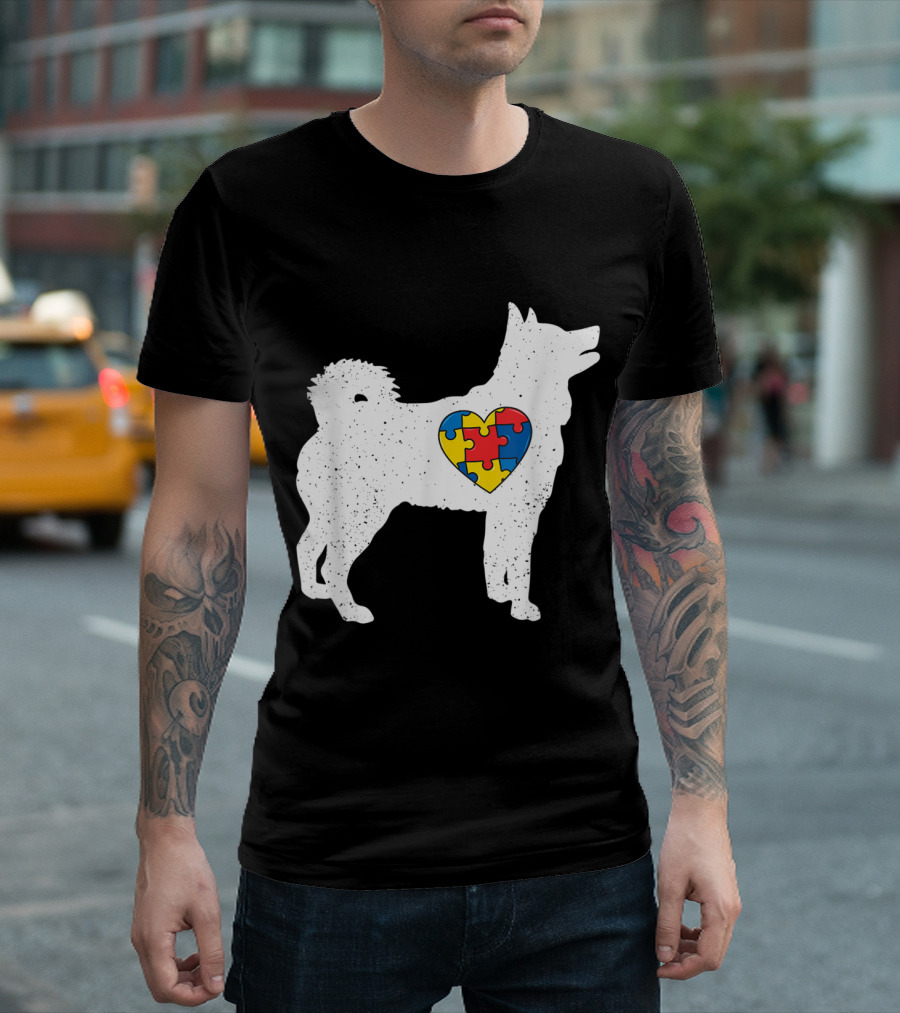Husky Silhouette with Autism Awareness Puzzle Heart T-Shirt