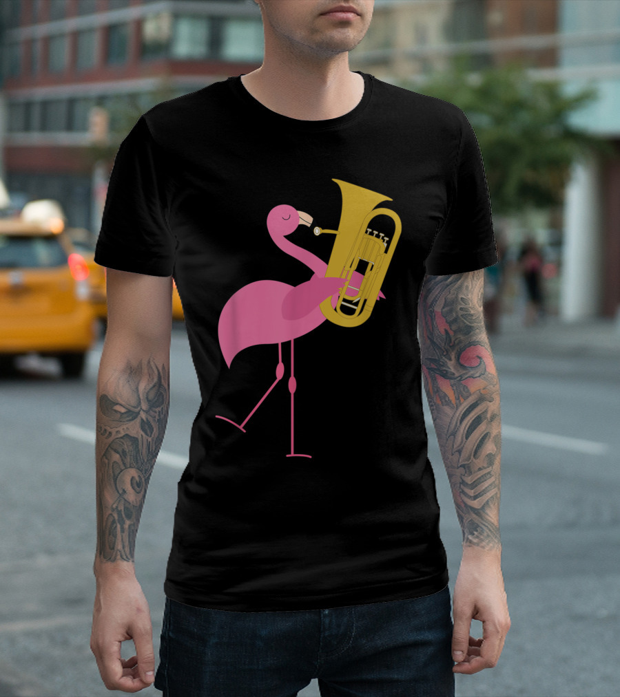 Flamingo Playing Tuba in Whimsical T-Shirt