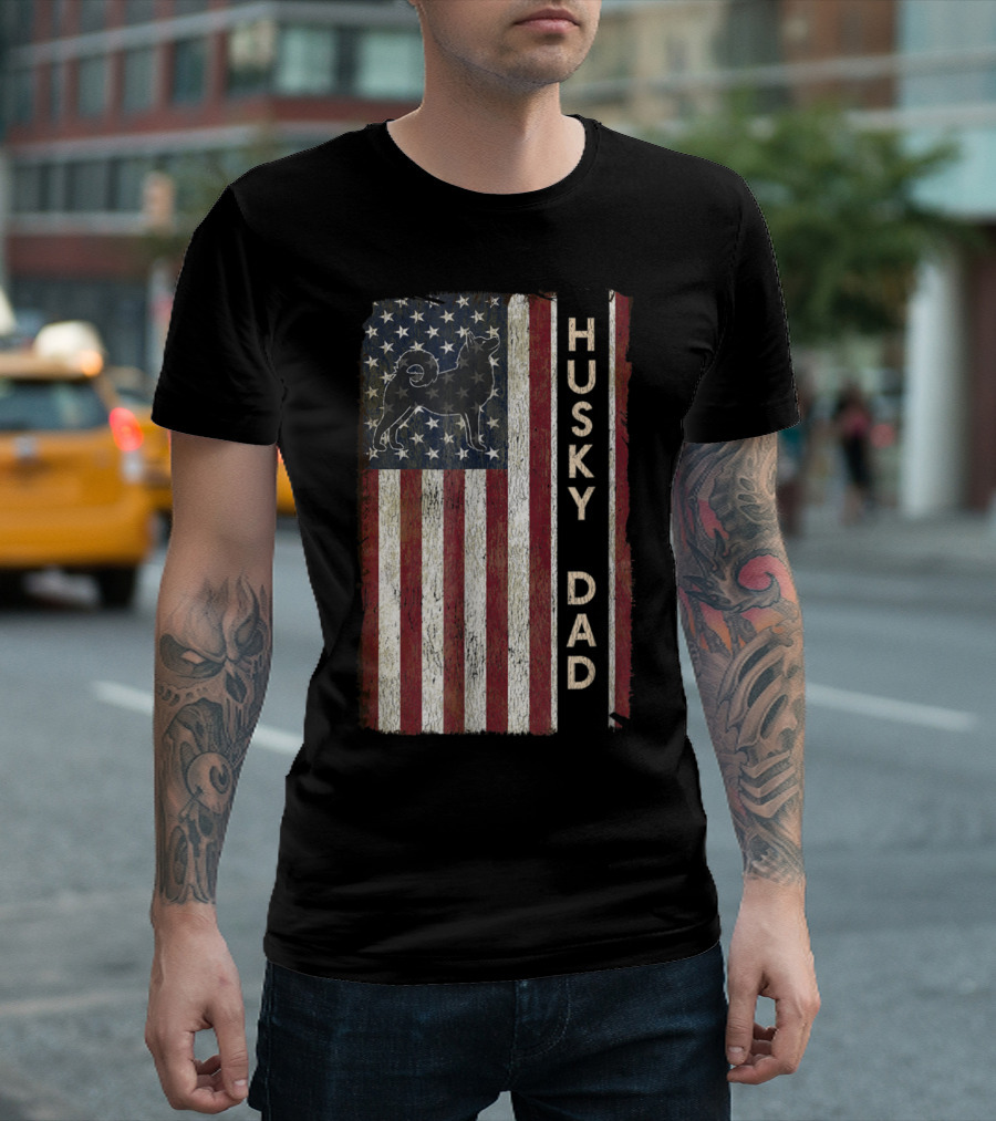 Husky Dad Patriotic American Flag Stripes With Dog T-Shirt