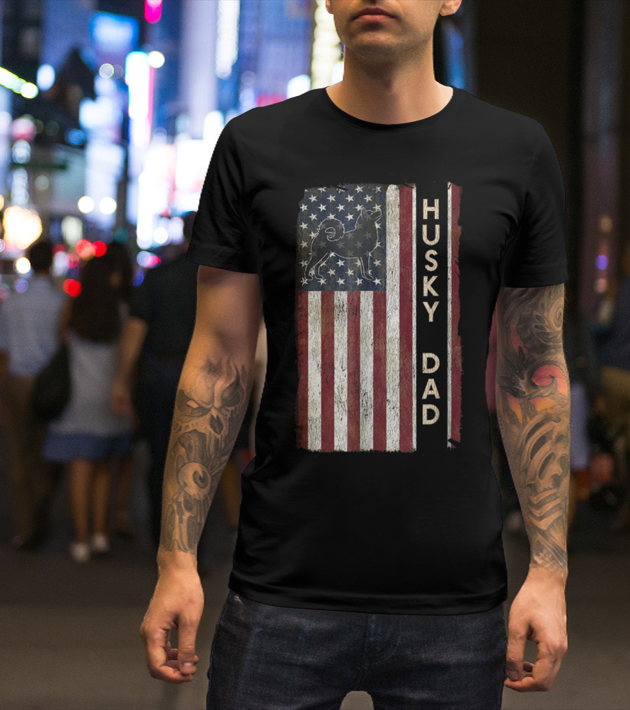 Husky Dad Patriotic American Flag Stripes With Dog T-Shirt