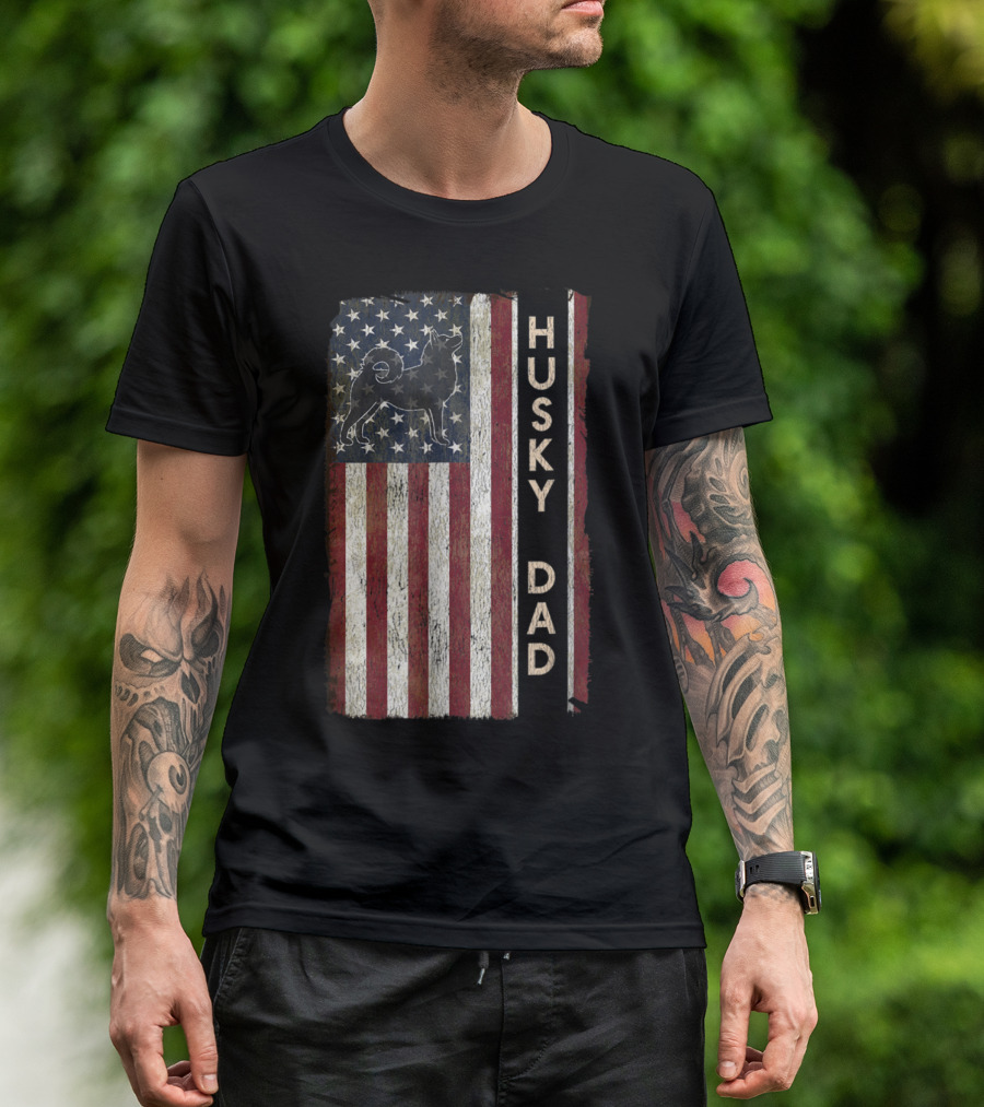 Husky Dad Patriotic American Flag Stripes With Dog T-Shirt