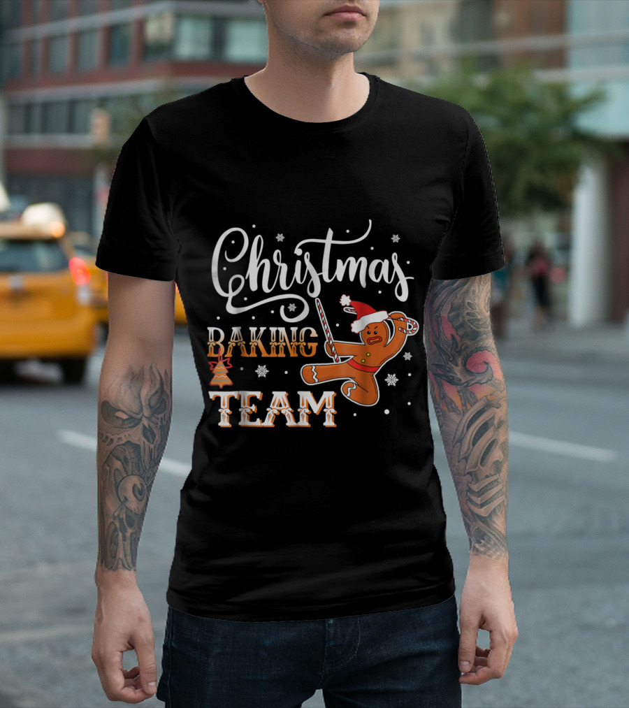 Christmas Baking Team Funny Gingerbread Ninja with Santa Hat and Candy Cane Snowflakes T-Shirt