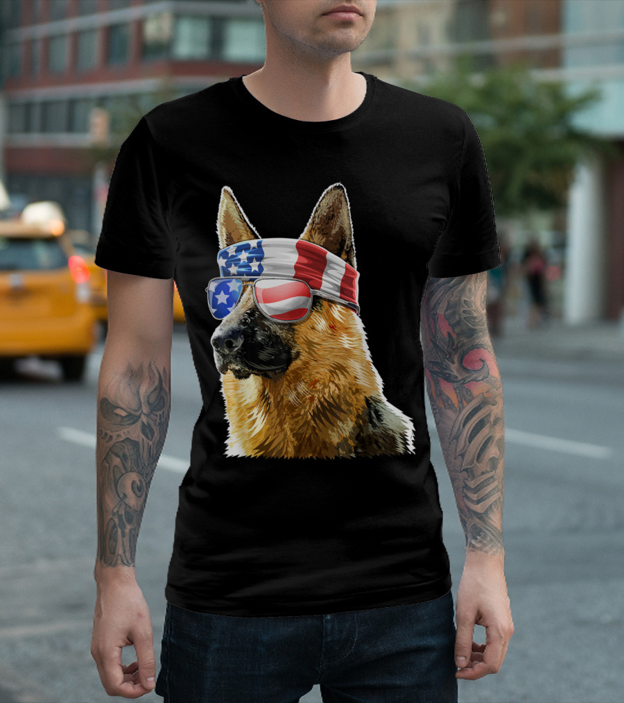 German Shepherd 4th of July Patriotic American Flag Sunglasses and Bandana T-Shirt