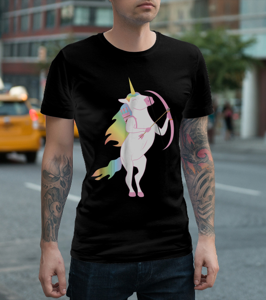 Unicorn with Pastel Rainbow Mane Experiencing Archery Joy T-Shirt