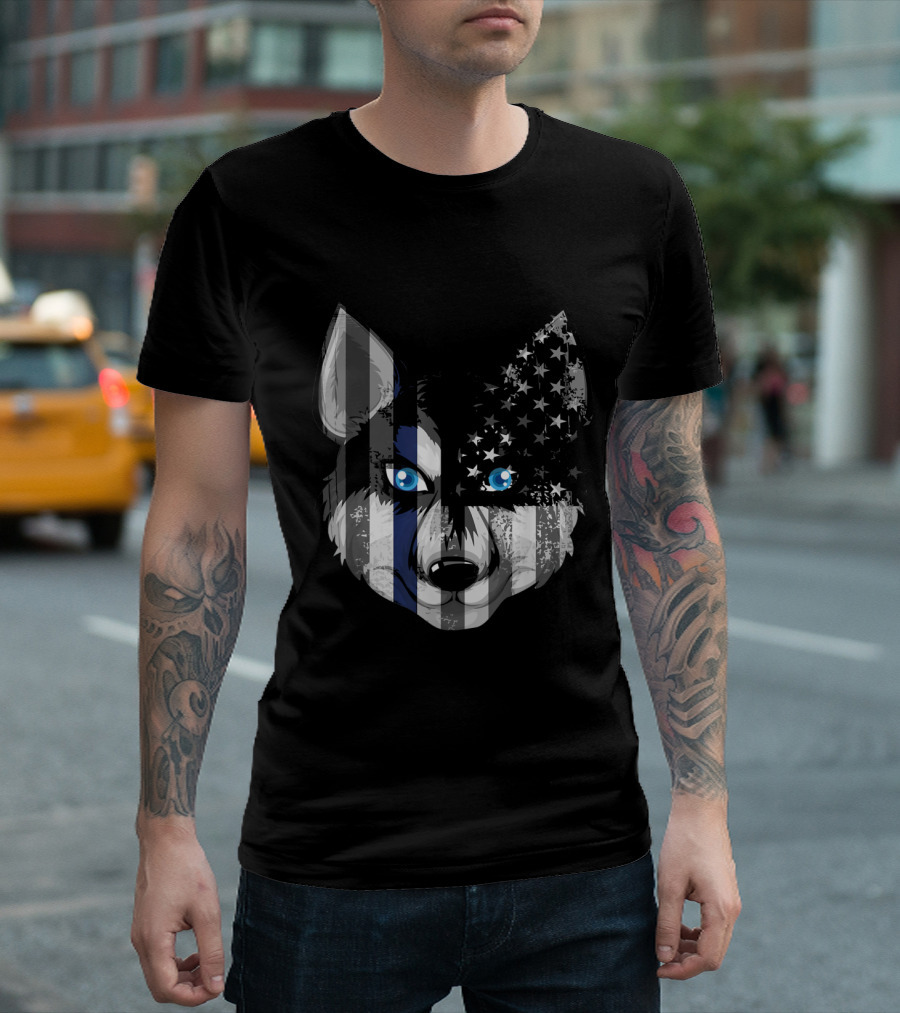 Husky Dog with Thin Blue Line American Police Flag T-Shirt