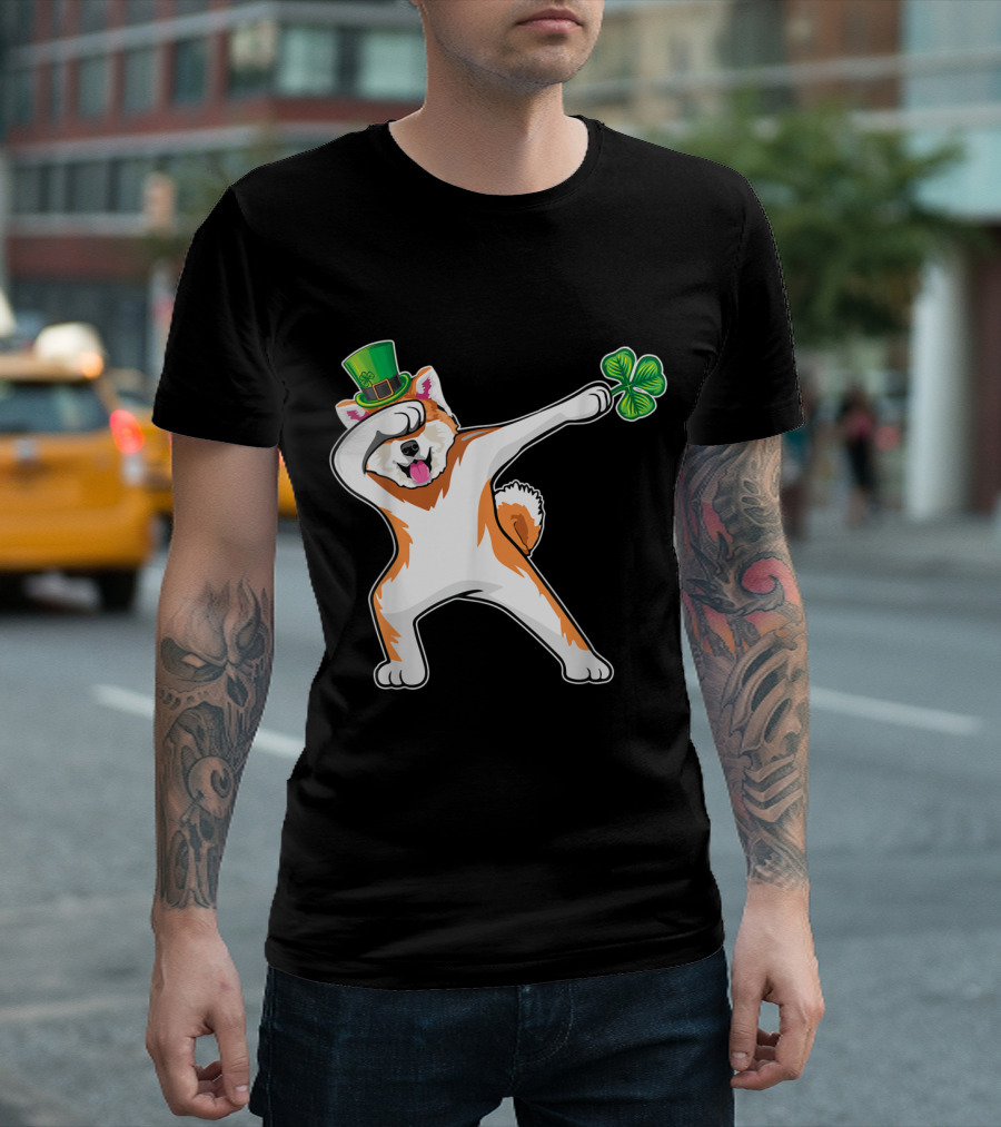 Akita Dog Dabbing Dance with St. Patrick's Day Hat and Shamrock T-Shirt