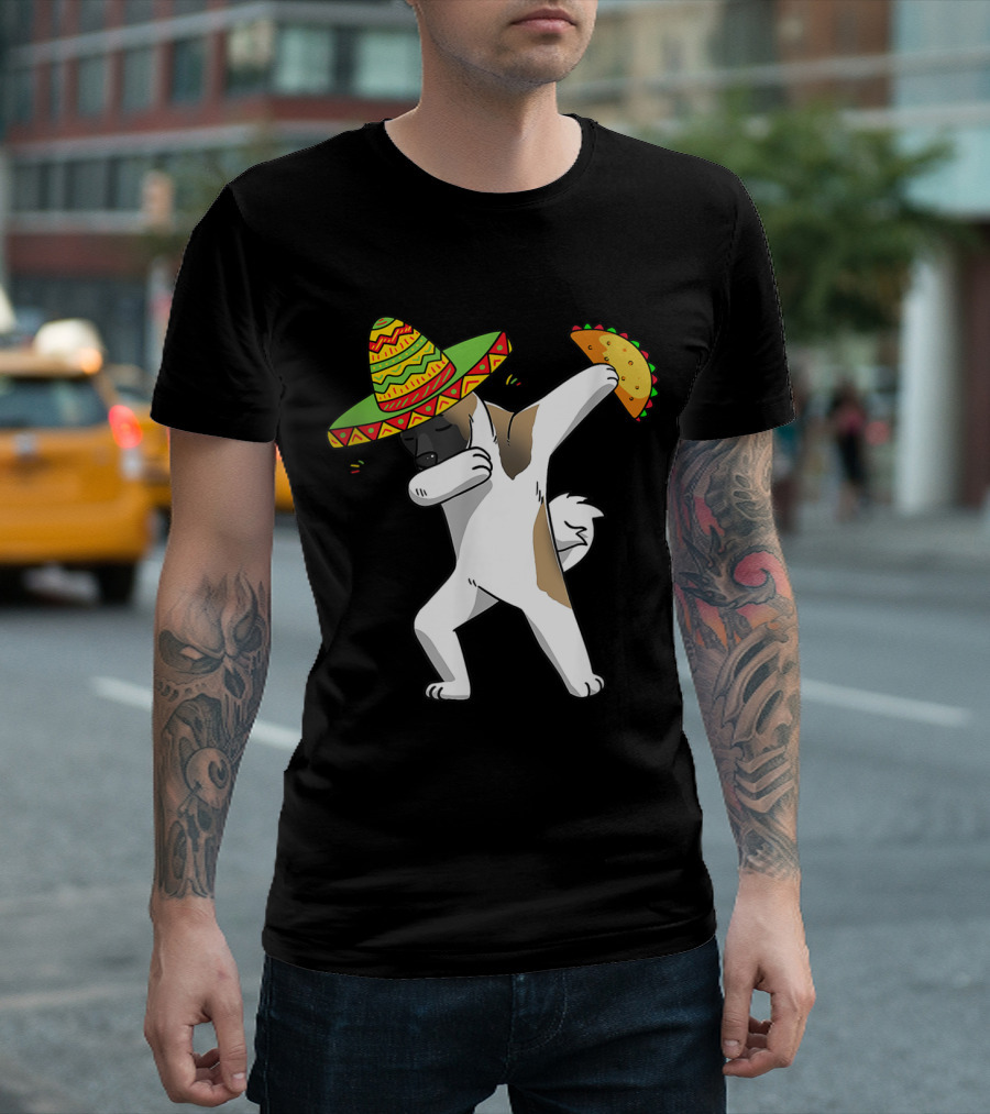 Funny Akita Dog Dabbing With Taco And Sombrero Fiesta T-Shirt
