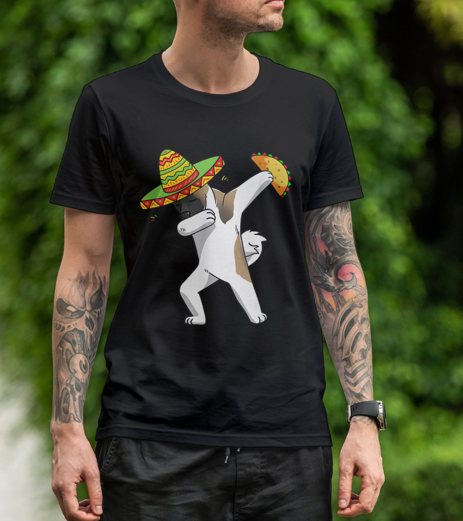 Funny Akita Dog Dabbing With Taco And Sombrero Fiesta T-Shirt