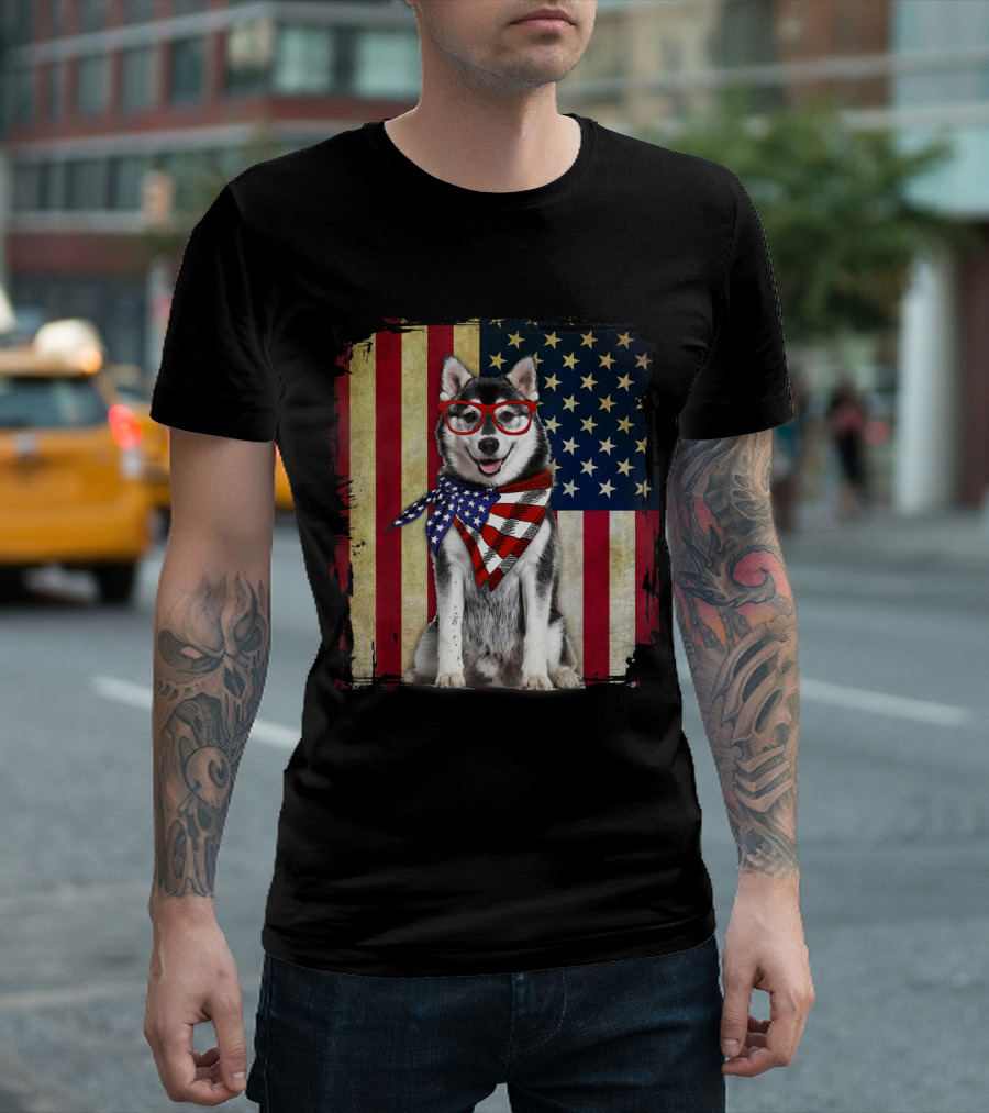 Husky with American Flag Scarf and Glasses Patriotic 4th of July T-Shirt