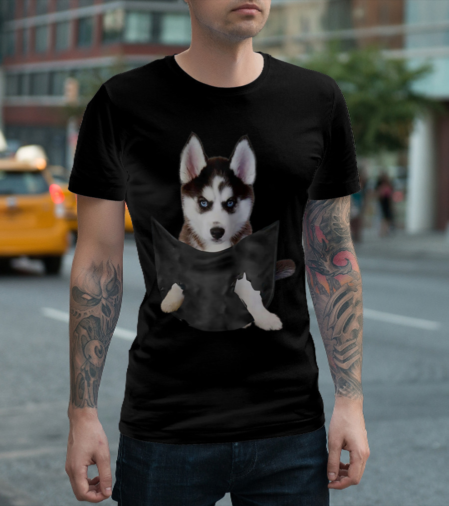 Husky Dog Lovers Cute Puppy Peeking Out Of Pocket T-Shirt
