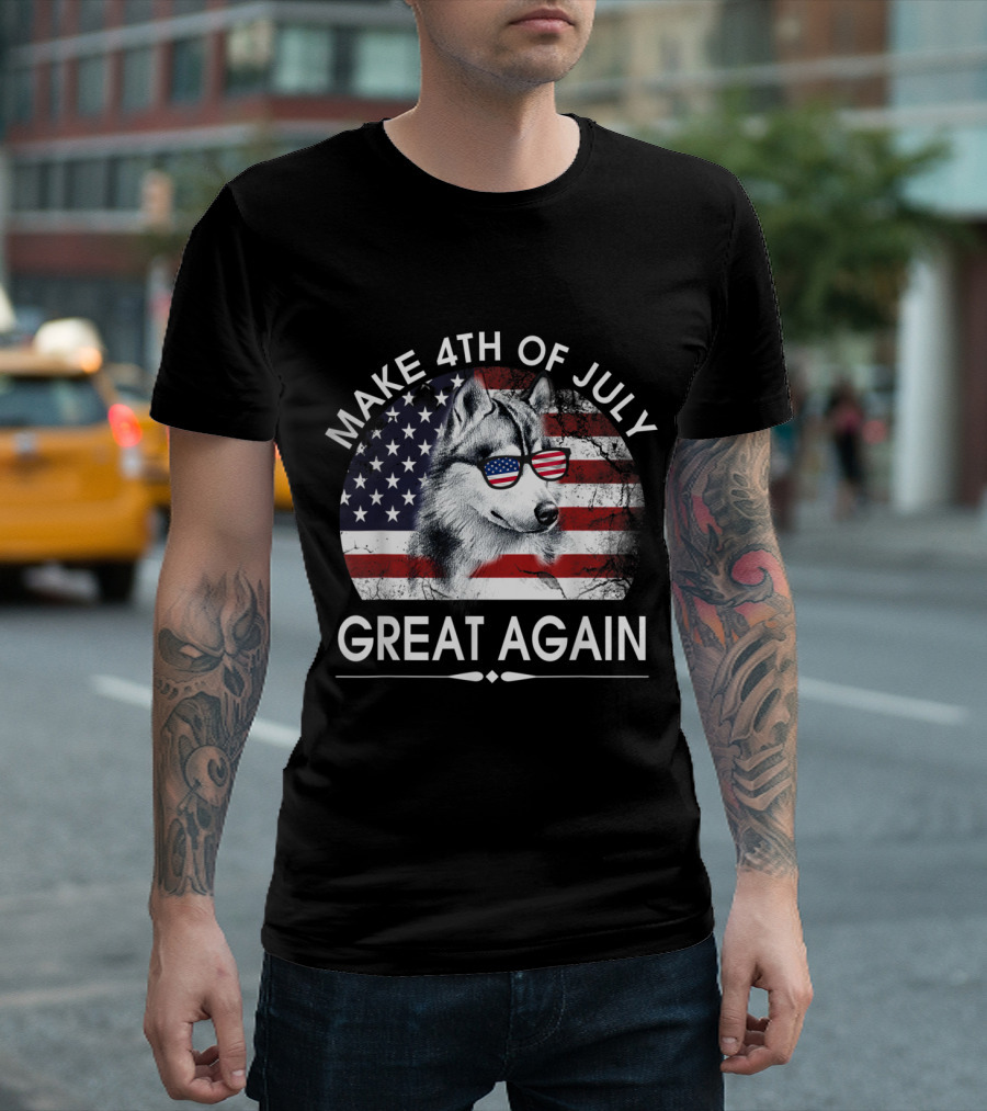 Make 4th Of July Great Again Husky with American Flag Sunglasses T-Shirt