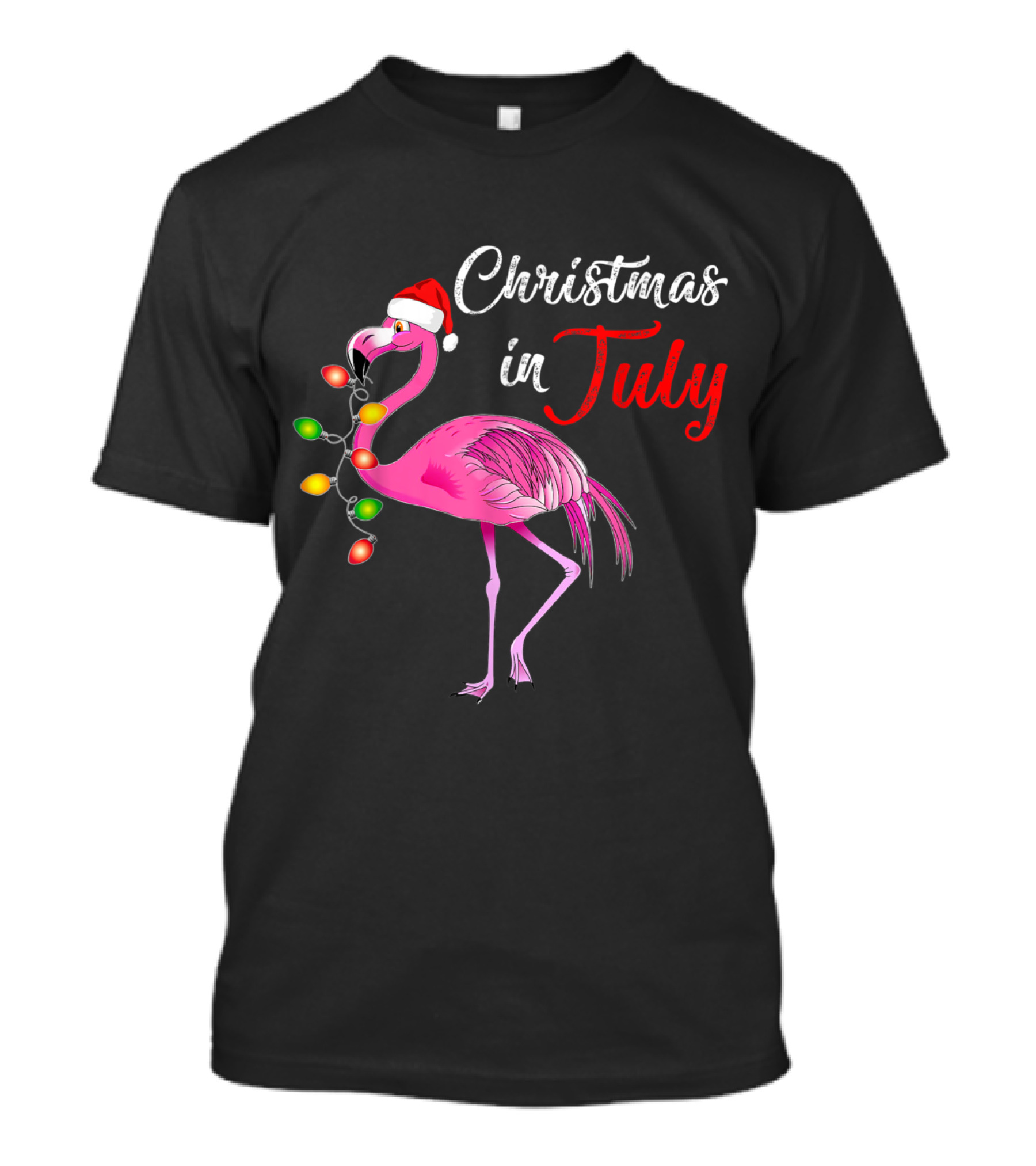 Christmas In July Flamingo With Festive Lights And Santa Hat T-Shirt