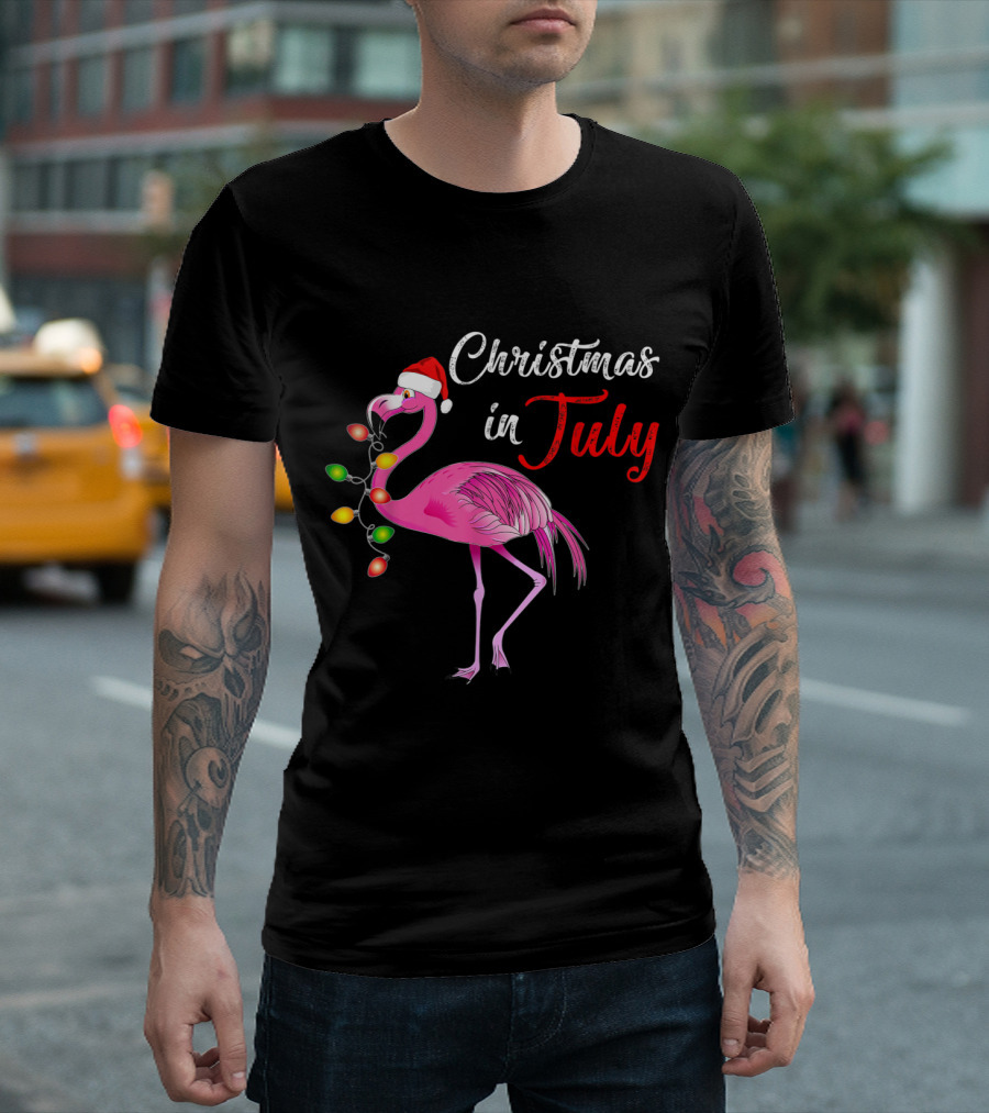 Christmas In July Flamingo With Festive Lights And Santa Hat T-Shirt