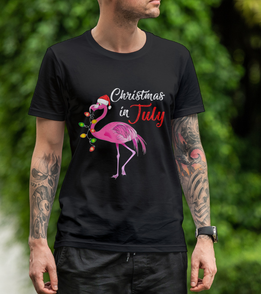 Christmas In July Flamingo With Festive Lights And Santa Hat T-Shirt