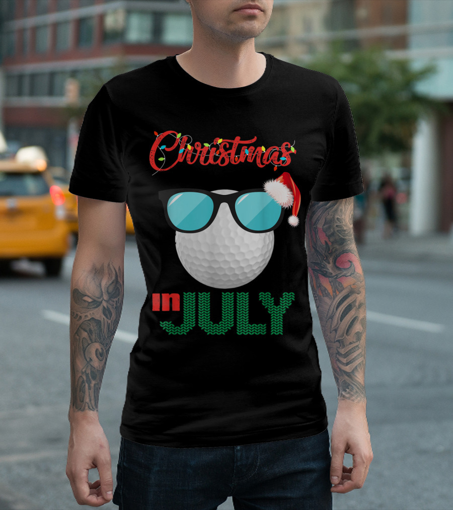 Christmas In July Golf Ball With Sunglasses And Santa Hat T-Shirt