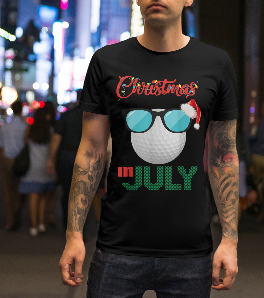 Christmas In July Golf Ball With Sunglasses And Santa Hat T-Shirt