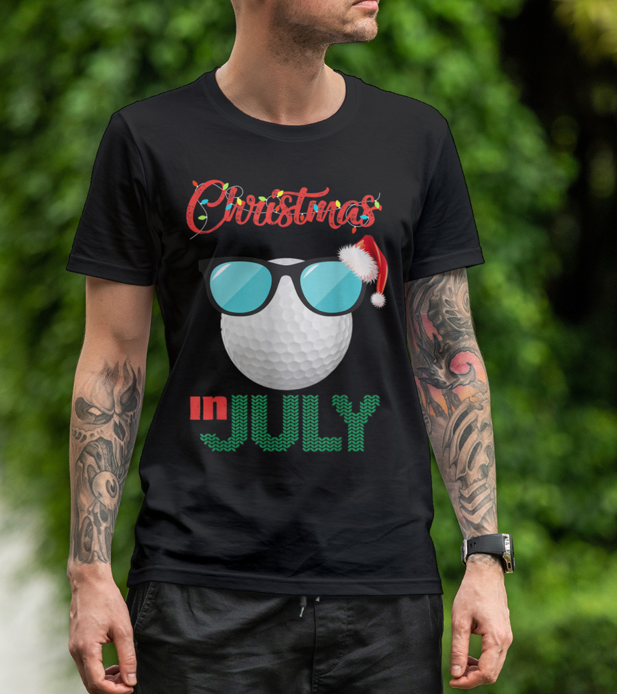 Christmas In July Golf Ball With Sunglasses And Santa Hat T-Shirt