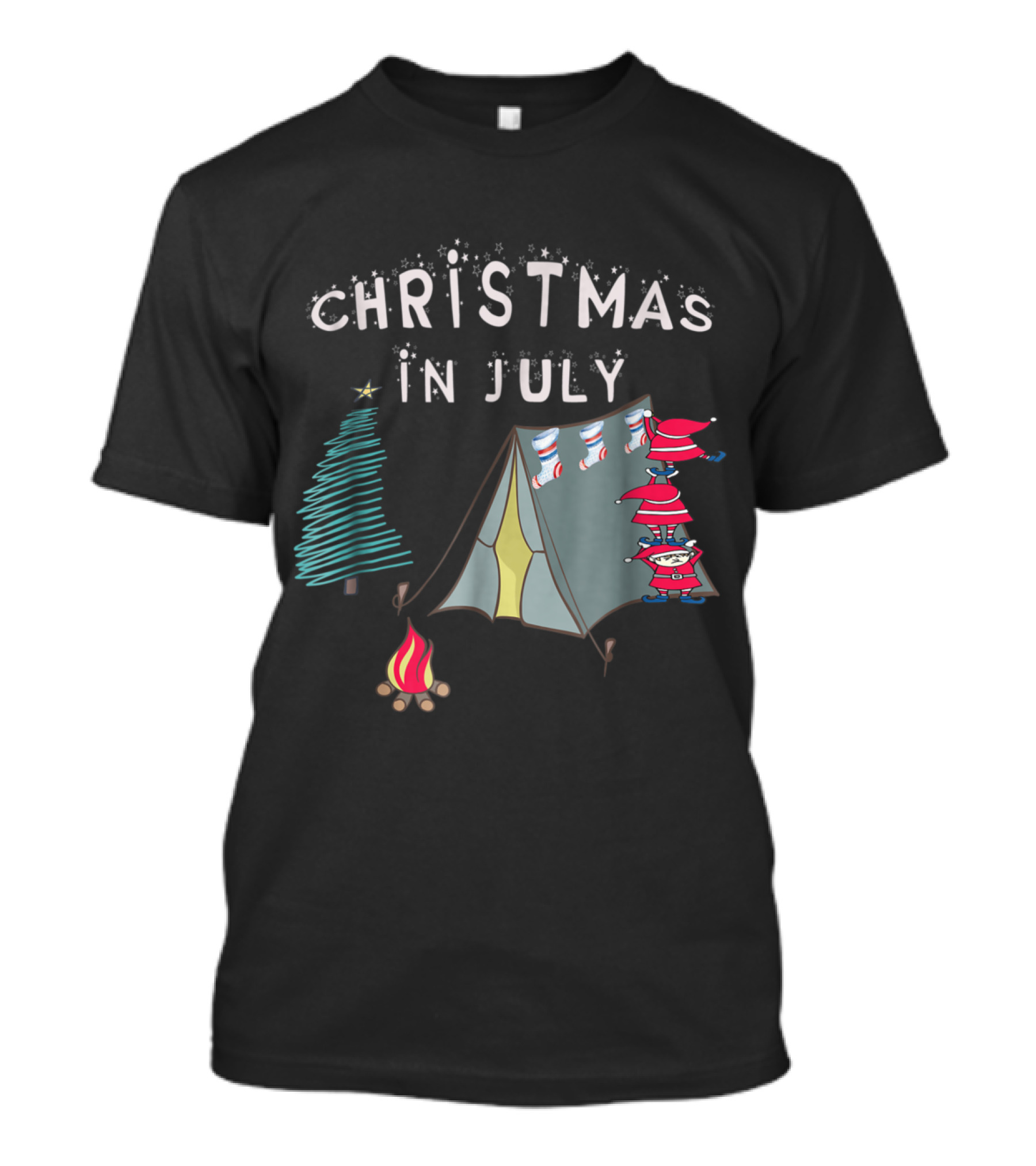 Christmas In July Camping With Santa Near Festive Tree And Campfire T-Shirt