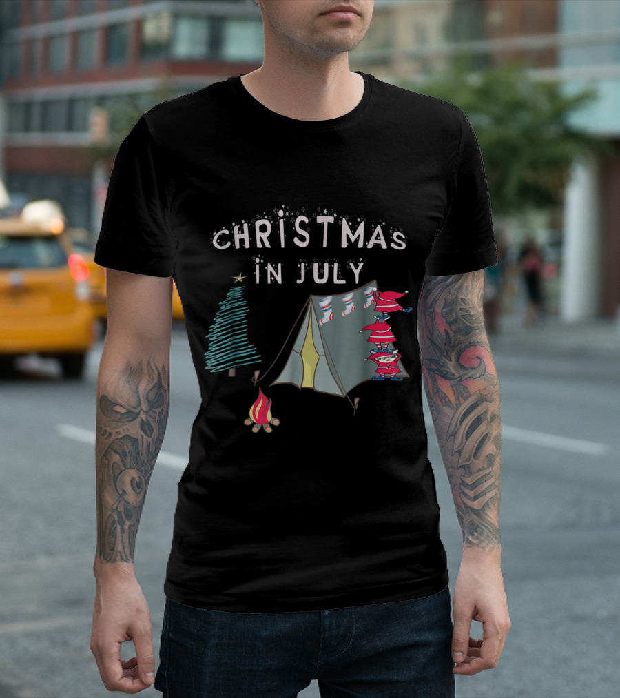 Christmas In July Camping With Santa Near Festive Tree And Campfire T-Shirt