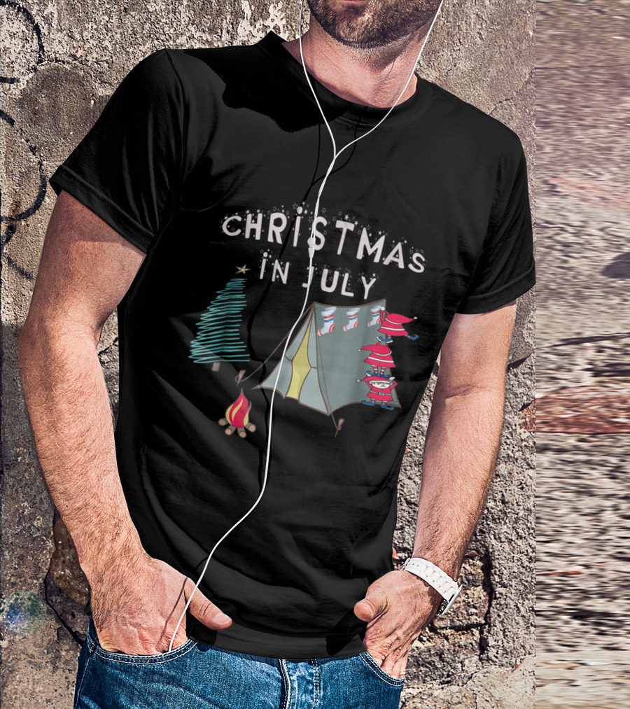 Christmas In July Camping With Santa Near Festive Tree And Campfire T-Shirt