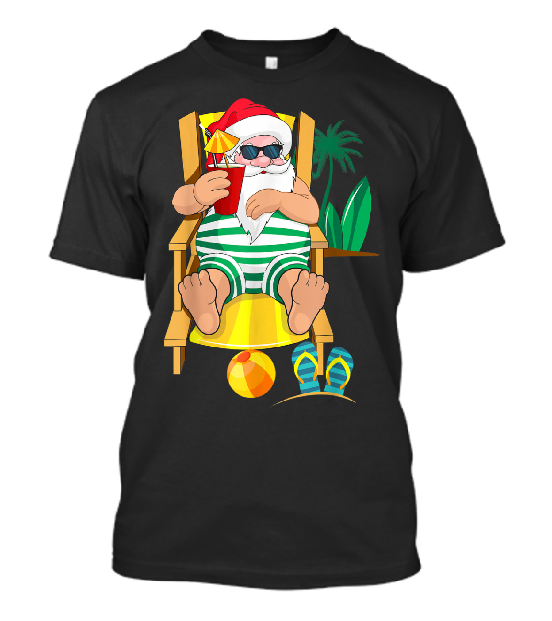 Santa Relaxing In Tropical Beach Chair With Drink And Striped T-Shirt