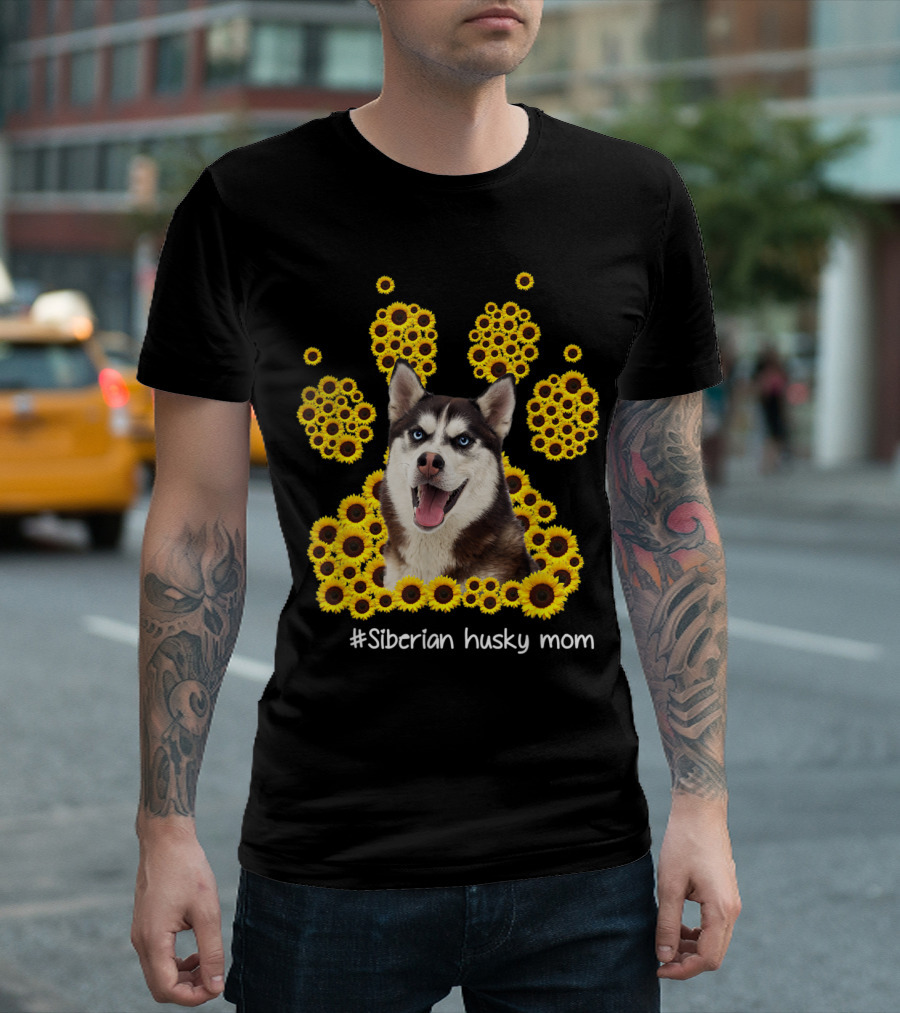 Siberian Husky Mom Sunflower Paw T-Shirt