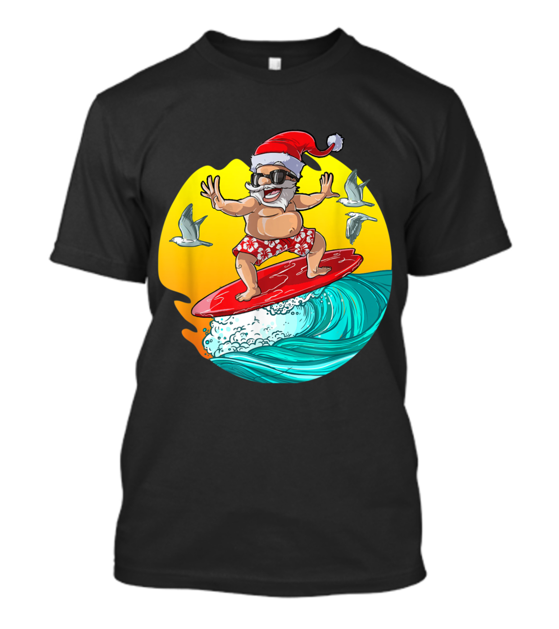 Christmas In July Surfing Santa Hawaii Adventure With Sunglasses And Seagulls T-Shirt