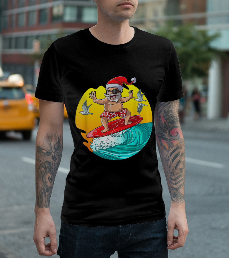 Christmas In July Surfing Santa Hawaii Adventure With Sunglasses And Seagulls T-Shirt