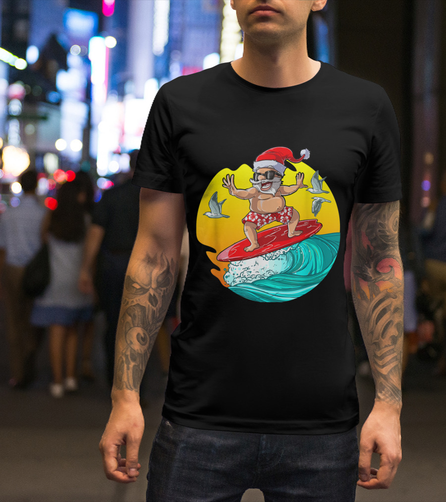 Christmas In July Surfing Santa Hawaii Adventure With Sunglasses And Seagulls T-Shirt
