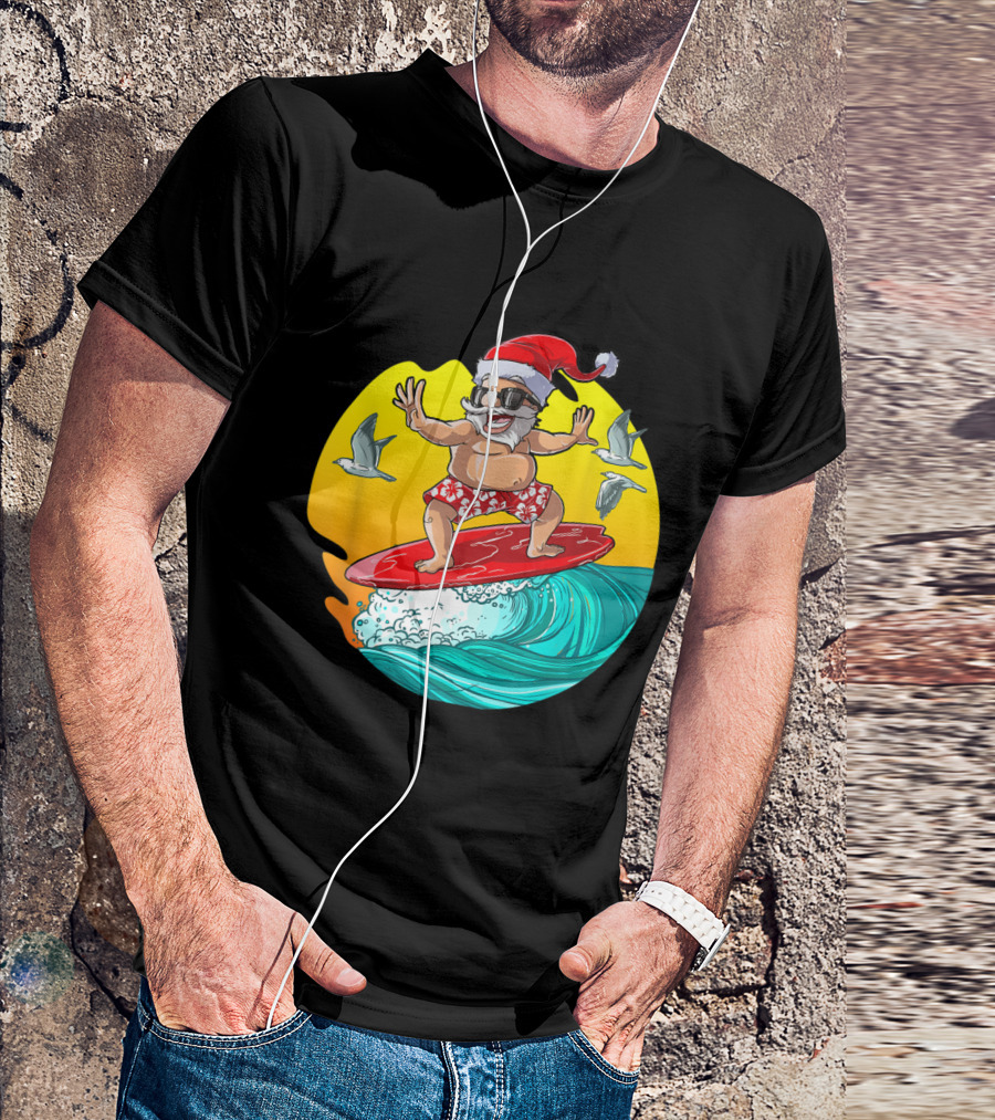 Christmas In July Surfing Santa Hawaii Adventure With Sunglasses And Seagulls T-Shirt